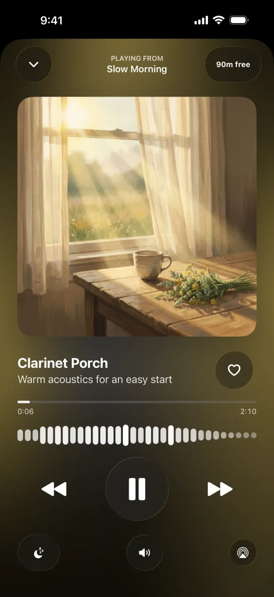 Ease into the day. The Slow Morning station playing Clarinet Porch, warm acoustics for an easy start.